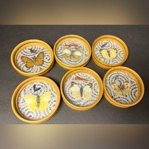Set of‎ 6 Coasters, Vintage Bamboo w/Pressed Butterfly design, 1970’s Boho